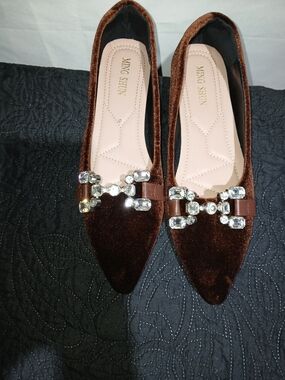 Brown Velvet Pointed Toe Flats with Rhinestone Accent